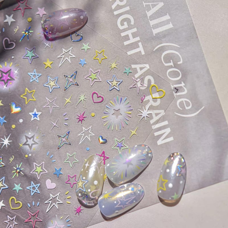 Dedyel Colorful Starry Nail Stickers Dopamine Color Stars Hearts Self-Adhesive Glitter Nail Decals for Women Girls Kids DIY Manicure - Image 3